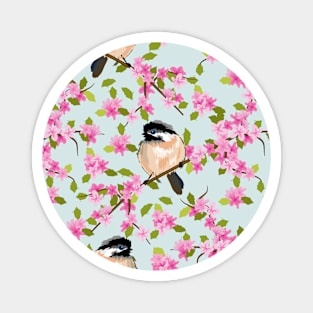 Spring Flowers And Birds Pattern On Blue Magnet